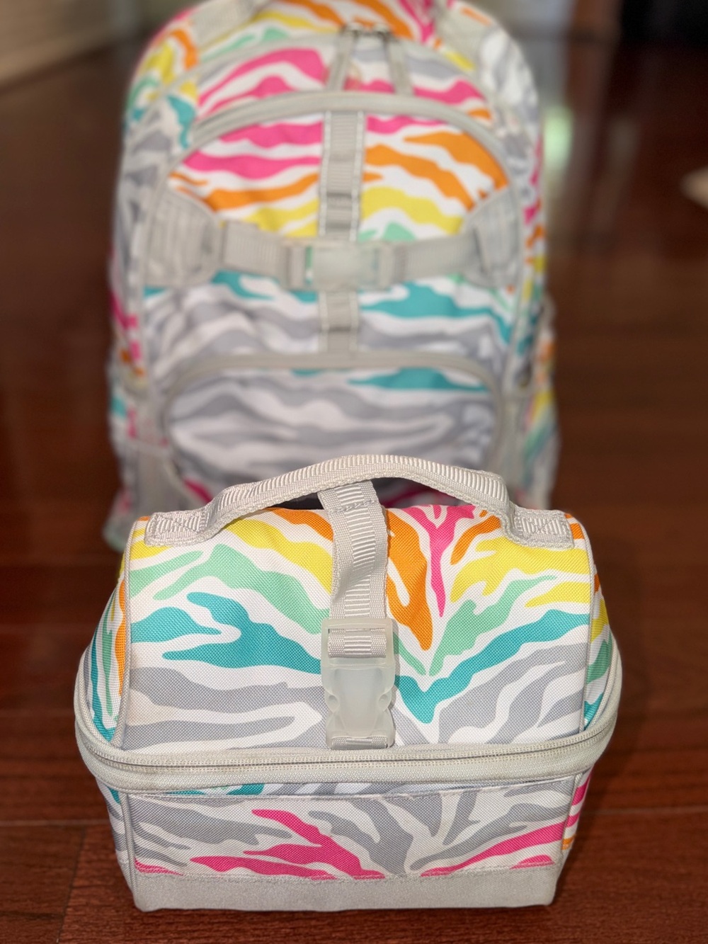 POTTERY BARN KIDS Colorful Zebra Print Backpack & Lunchbox
